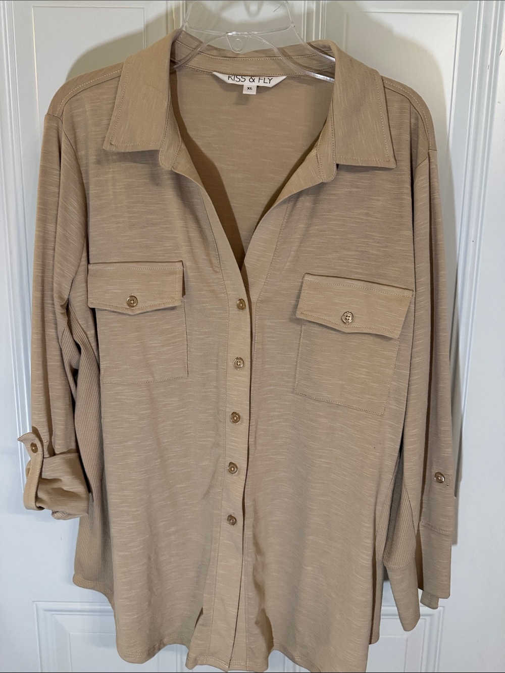 Women's Tan Button-Front Utility Shirt. KISS & FLY brand